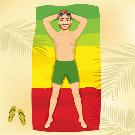 handsome young man lying on a towel at the beach in the form of a flag of Ethiopiaのイラスト素材