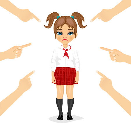 pretty little schoolgirl  eing accused with fingers pointing at her isolated over white backgroundのイラスト素材