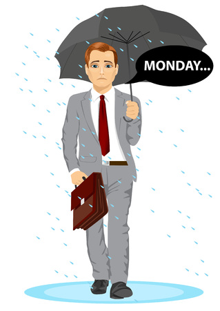 young businessman holding umbrella walking sad to work with speech bubble with monday text messageのイラスト素材