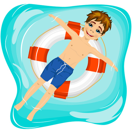 top view of young happy boy floating on an inflatable circle in the poolのイラスト素材