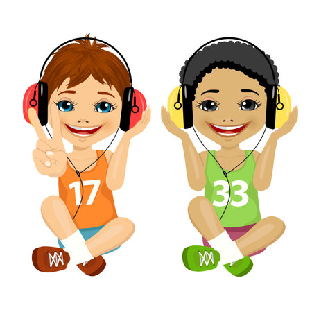 caucasian and african american teenager boys sitting together on floor listening music with headphones isolated on white backgroundのイラスト素材