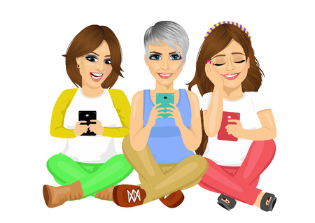three young attractive women sitting on floor using their smartphones smiling happy isolated over white backgroundのイラスト素材