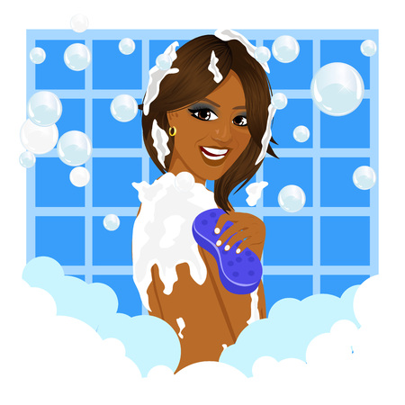 beautiful african american woman taking a bath with sponge and bubble foamのイラスト素材