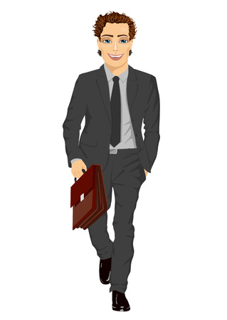Young handsome business man with briefcase walking forward isolated on white backgroundのイラスト素材