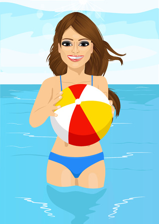 portrait of attractive woman with sunglasses holding an inflatable striped ball standing in waterのイラスト素材