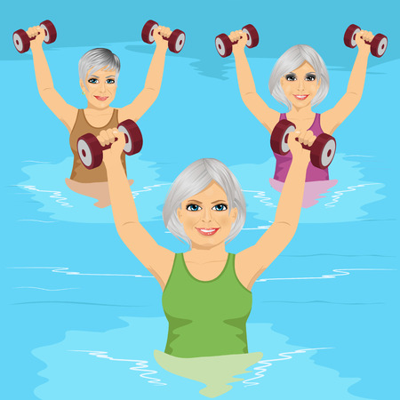 group of senior women making aqua gym exercises with dumbbells in swimming poolのイラスト素材