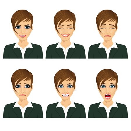 Young business woman with different facial expressions isolated over white backgroundのイラスト素材