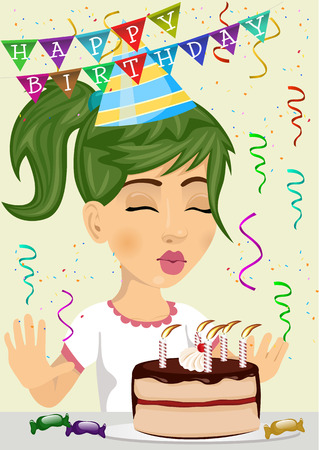 cute girl celebrating her birthday blowing the candles out on a chocolate and cream cakeのイラスト素材