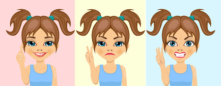little girl counting numbers from one to three with her fingers with different facial expressions on white backgroundのイラスト素材