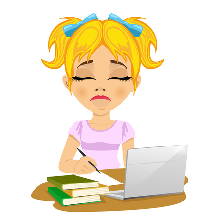 Unhappy teenage schoolgirl doing her homework with laptop and books on desk isolated on white backgroundのイラスト素材