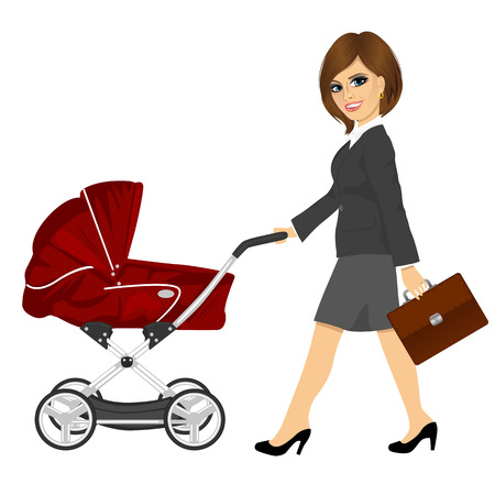 business woman with briefcase pushing pram, baby carriage or stroller isolated on white backgroundのイラスト素材