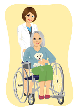 portrait of beautiful young nurse pushing senior woman with cute labrador puppy in wheelchairのイラスト素材