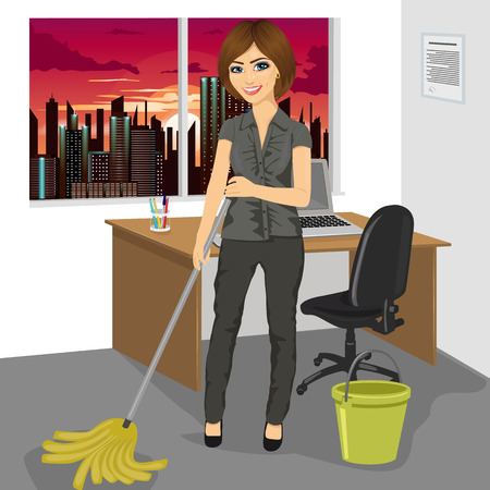 Full length portrait of young woman mopping floor with bucket and mop in officeのイラスト素材