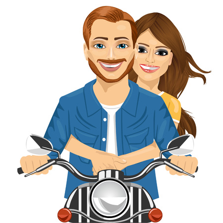 Young happy couple riding a motorcycle isolated on white backgroundのイラスト素材