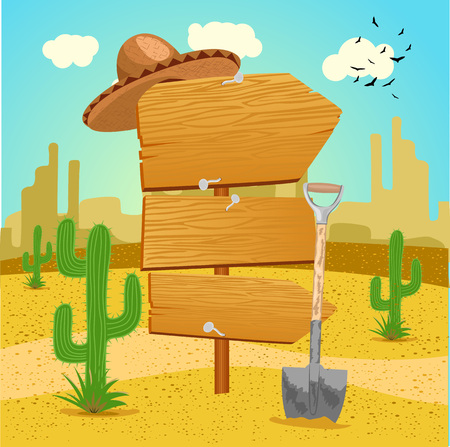 Illustration of a wooden signpost in the Mexican desert with cactus, shovel and a sombreroのイラスト素材