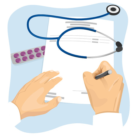 Male doctor filling in an empty medical prescriptionのイラスト素材