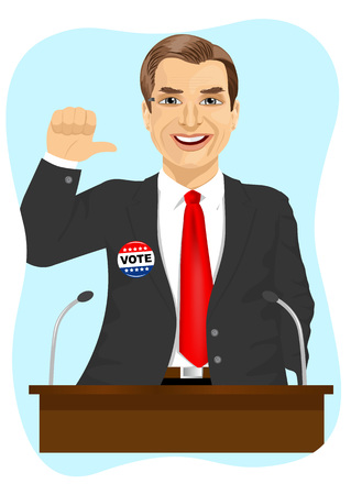 political candidate makes a campaign speech indicating himself on blue backgroundのイラスト素材