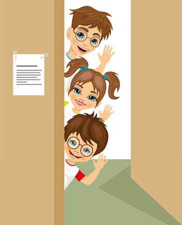 portrait of cute children peeking of the door waving. Preschool concept.のイラスト素材