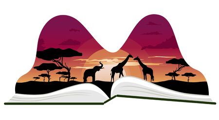 Pop-up book with africa savanna scenery on white backgroundのイラスト素材