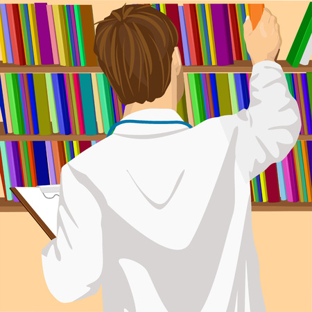 back view of young male doctor or student taking book from shelf in office or libraryのイラスト素材