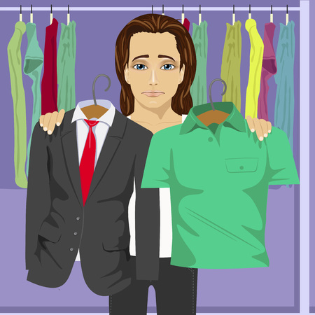 Young thinking man choosing between business suit and green shirt in a clothing storeのイラスト素材