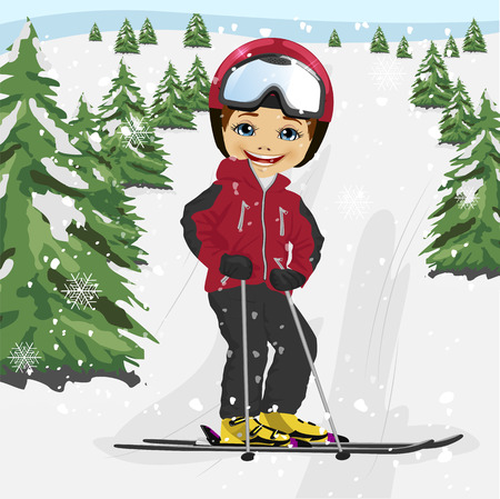 Cute little boy wearing red ski jacket and a helmet skiing in the ski resortのイラスト素材