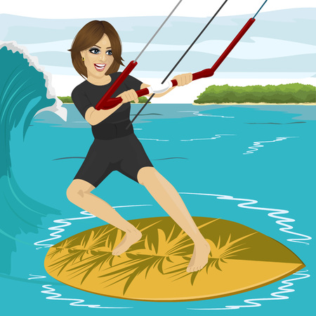 Female kiteboarder enjoys surfing waves with yellow kiteboardのイラスト素材