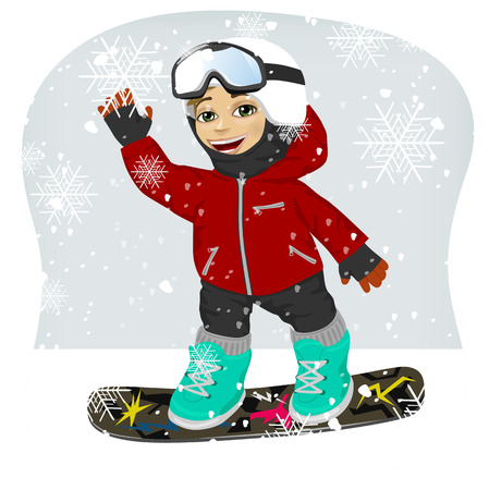 little cute male snowboarder at ski resort wavingのイラスト素材
