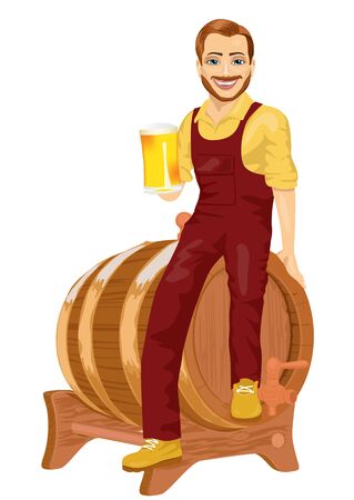 Repairman or construction worker sitting on wooden barrel holding beer mug on white backgroundのイラスト素材