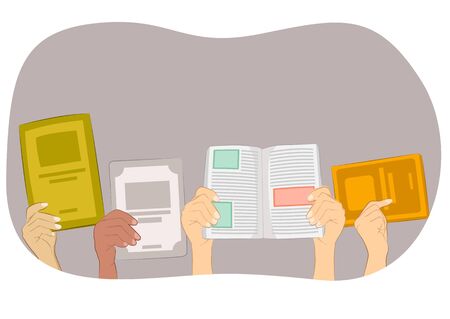 many hands holding a blank book and text books on white backgroundのイラスト素材
