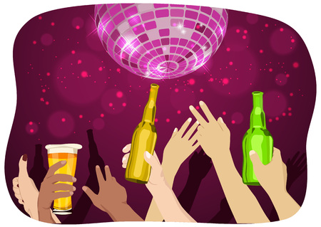 many hands raised up holding bottles and mugs of beer at the party with disco ballのイラスト素材
