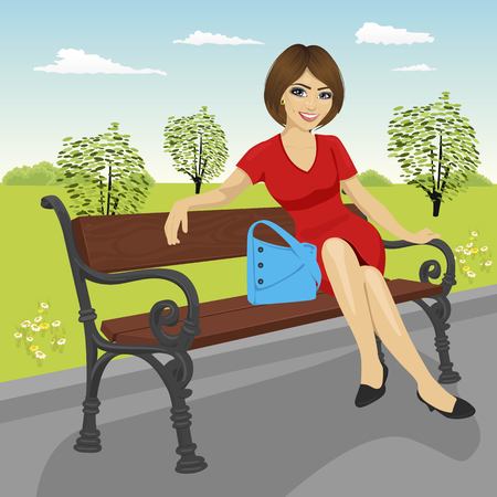 beautiful young model sitting on a bench in city park in the summer and posingのイラスト素材