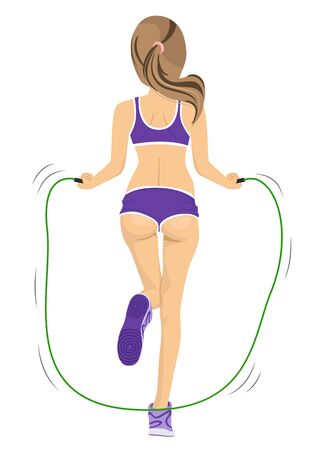 back view of young fitness woman jumping rope on white backgroundのイラスト素材