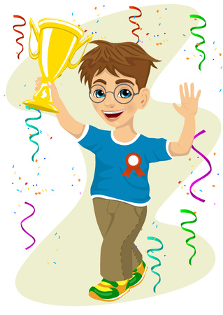 smiling boy with glasses celebrating his victory waving his trophy walking under falling confettiのイラスト素材