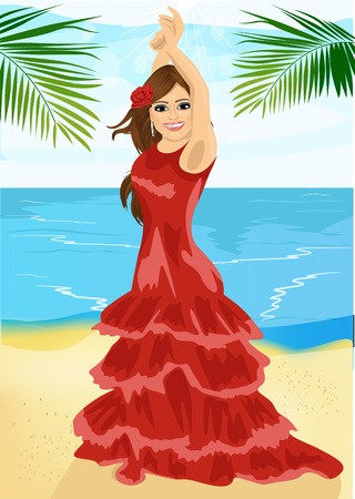 Young woman dancing flamenco on the beachのイラスト素材