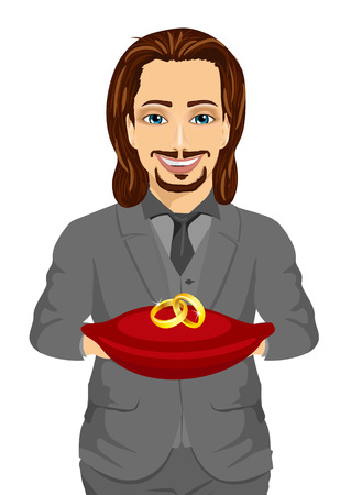 Handsome man holding wedding rings on cushion. Ring bearer isolated on green backgroundのイラスト素材