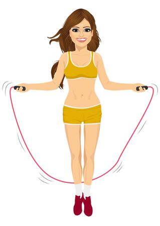 young fitness woman jumping rope on white backgroundのイラスト素材
