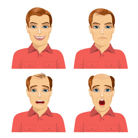 young man with different stages of hair loss on white backgroundのイラスト素材