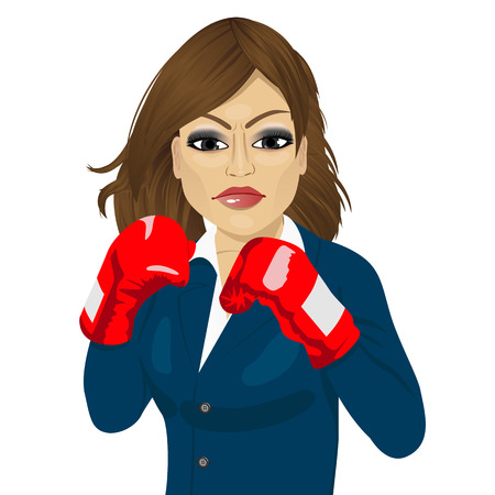 Business woman ready to fight with boxing gloves isolated over white backgroundのイラスト素材