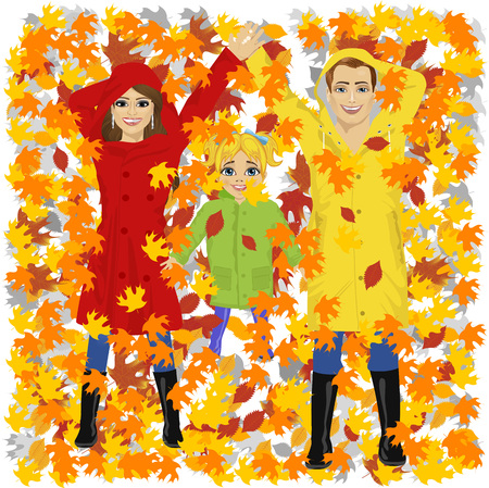 top view of young happy family of daughter mother and father lying on autumn leaves in the parkのイラスト素材