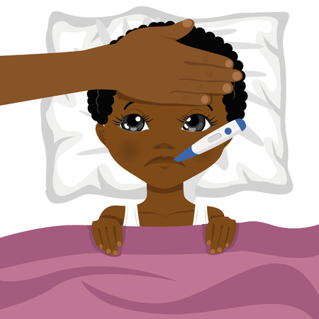 little african american boy ill in bed with a thermometer in his mouth and mother s head on his foreheadのイラスト素材