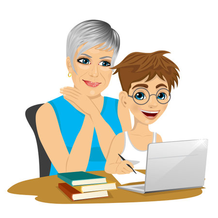 cute grandson helping grandmother to use laptop isolated on white backgroundのイラスト素材