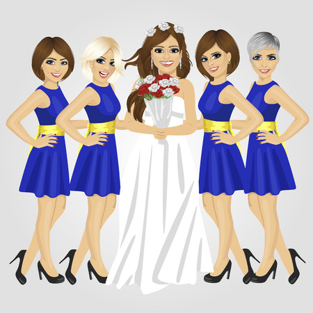 Beautiful bride in the wedding dress holding bouquet of roses with group of her bridesmaidsのイラスト素材