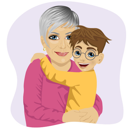 Grandmother hugging her cute grandson isolated on white backgroundのイラスト素材