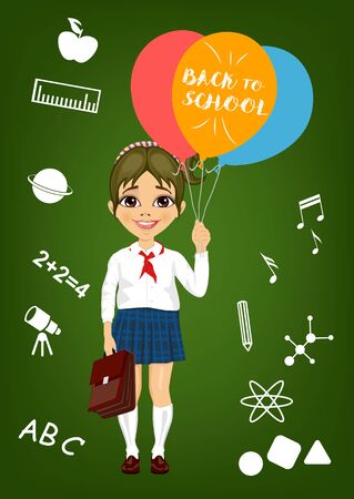 little girl in school uniform holding balloons with back to school text standing in front of school items on a blackboardのイラスト素材