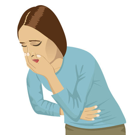 closeup portrait of sick young woman about to throw up, vomit isolated on a white backgroundのイラスト素材