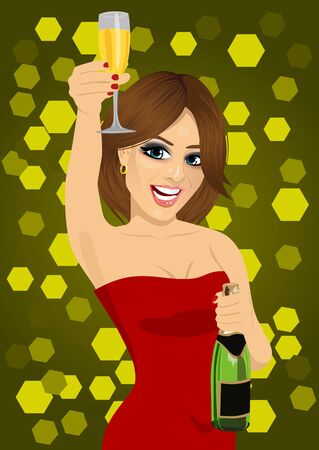 young beautiful woman in red dress toasting with lingerie and a bottle of champagneのイラスト素材
