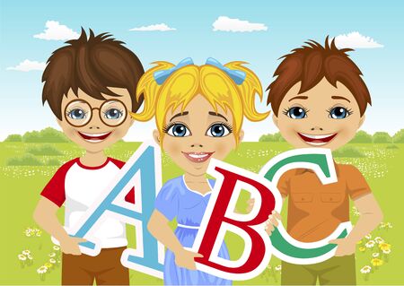 illustration of little kids holding the abc letters in flower fieldのイラスト素材