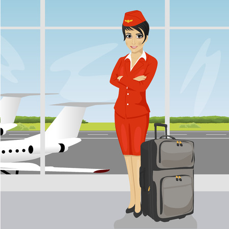 beautiful asian air hostess posing with luggage in front of an airport observation deckのイラスト素材