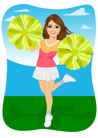 young cheerleader holding pompoms at football gameのイラスト素材